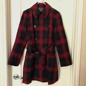 NWT American Living Red/Navy Plaid Double-Breasted 3/4 Length Coat - Size Small